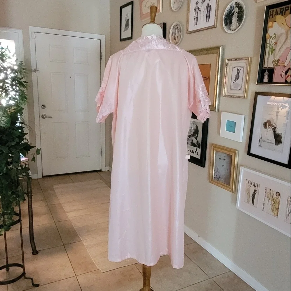 Vintage Pink Satin Lace Trim Robe Short‎ Sleeve Duster Peignoir Coquette L